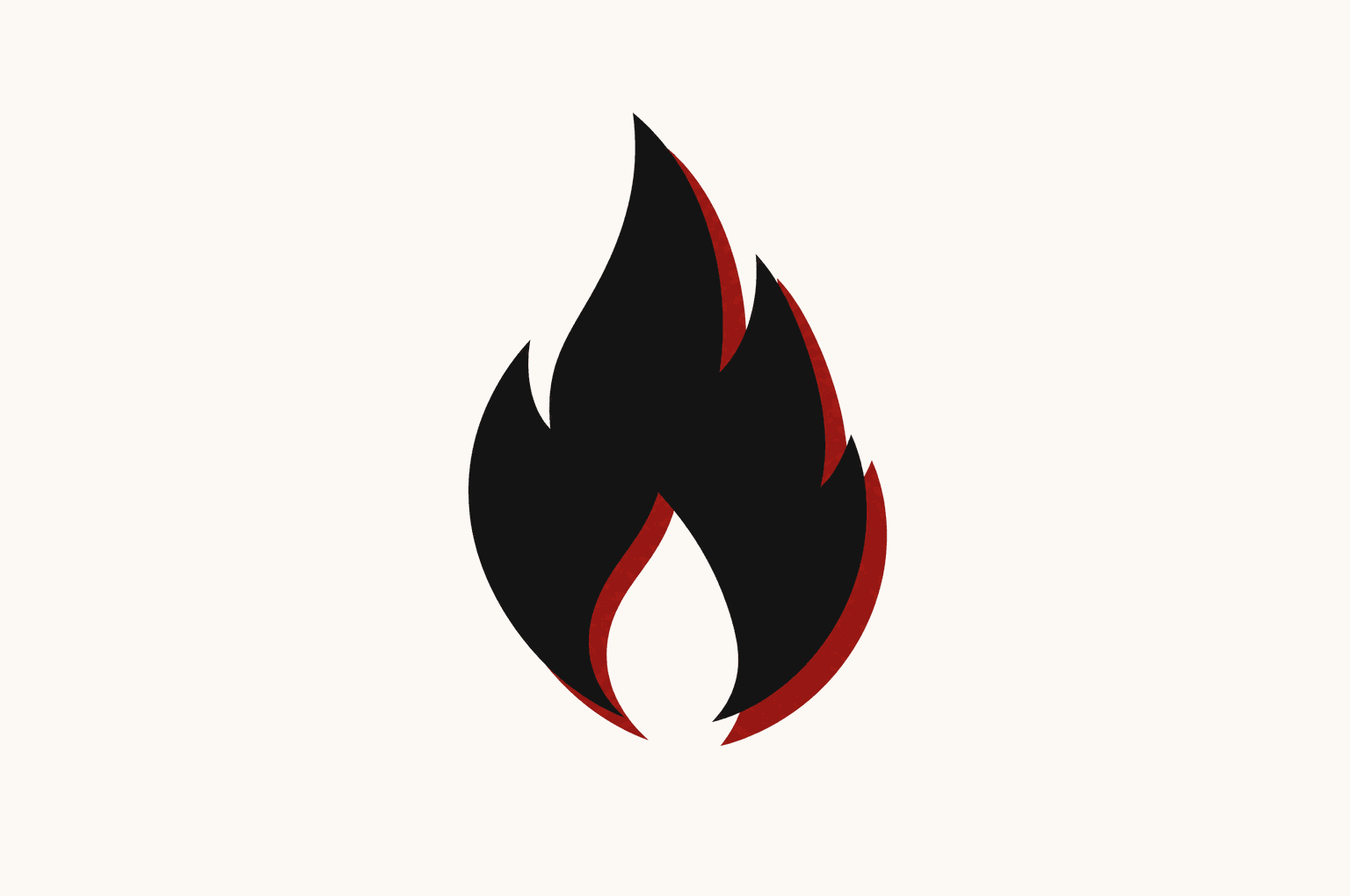 A single flame shape printed twice in misregistration — the black impression sitting slightly off from the crimson one beneath it.