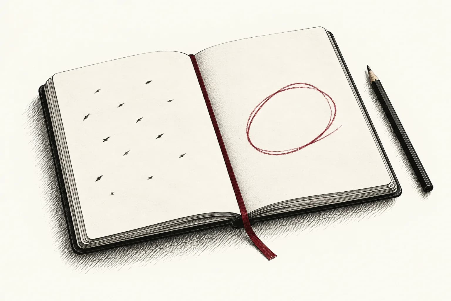 An open notebook with a pencil, repeated small marks, and a crimson loop.