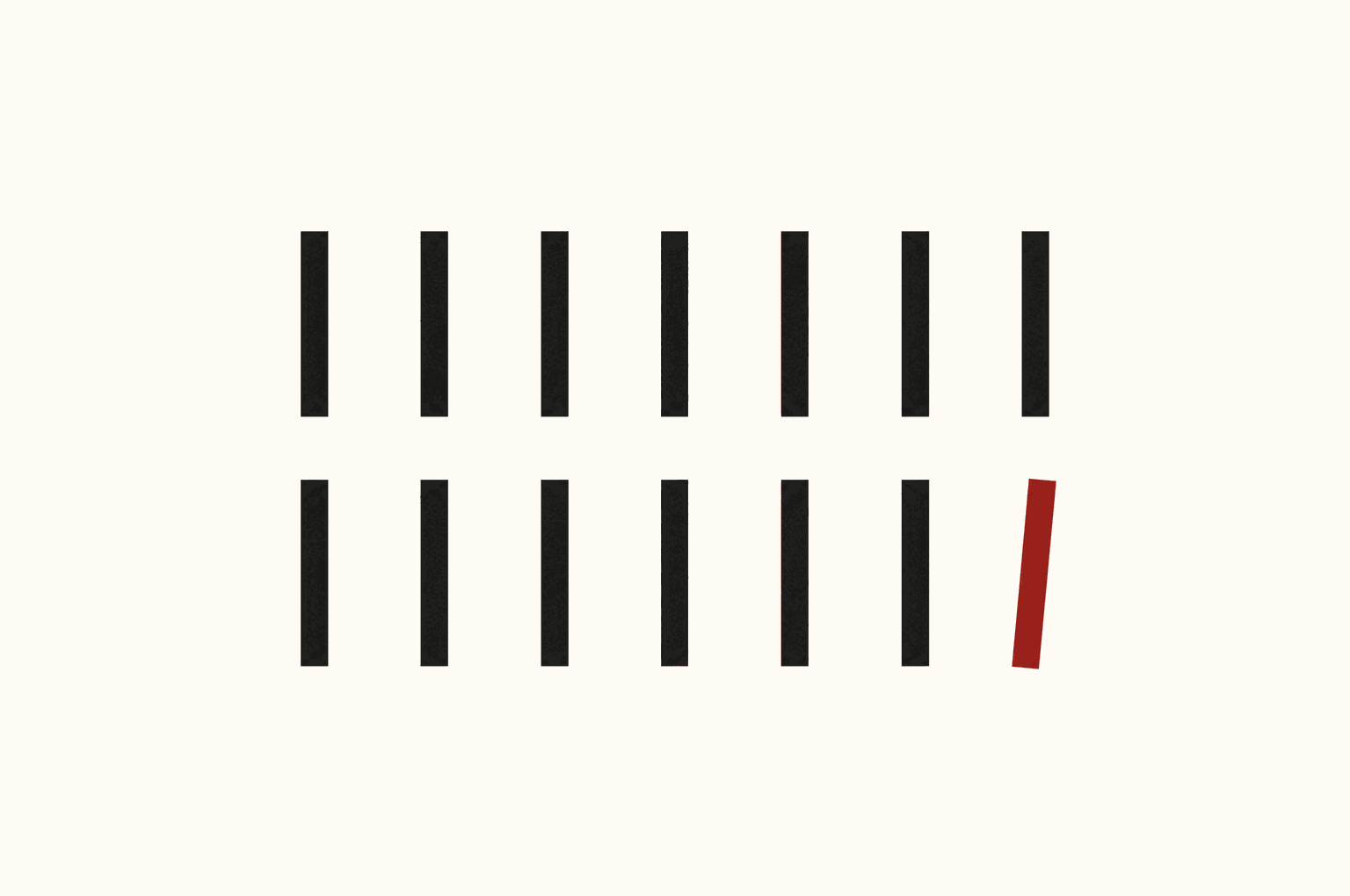 A grid of tally marks, every one identical and upright except a single crimson mark tilted off-axis.