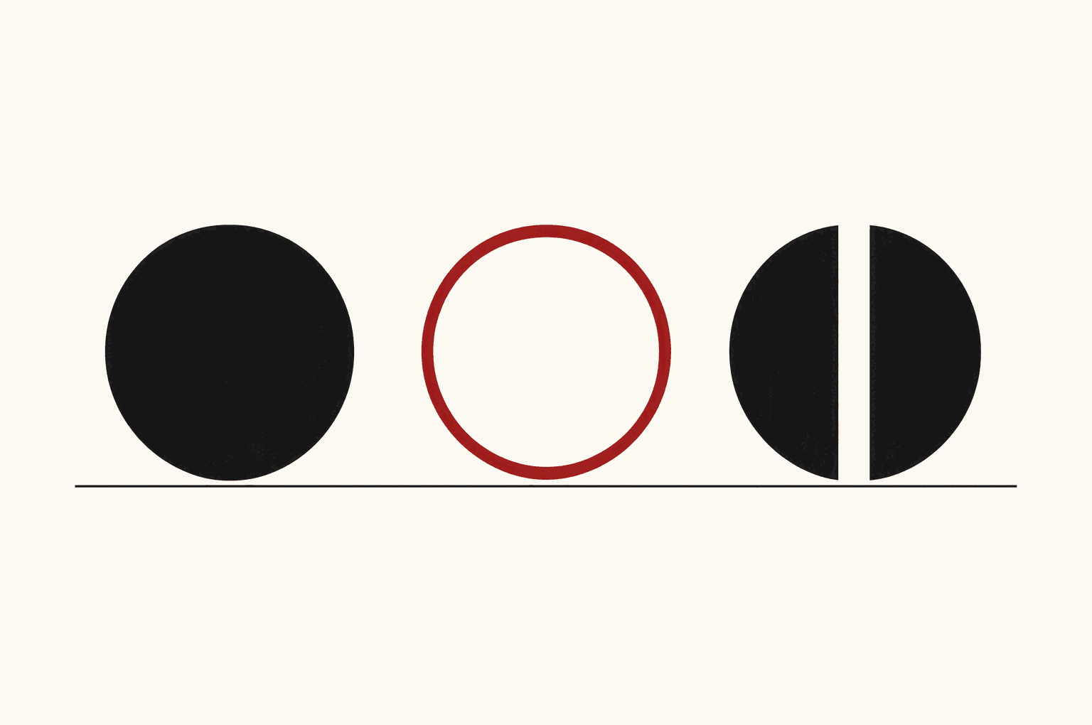 Three forms on a single baseline: a solid circle, a hollow outlined circle, and a circle cut cleanly in half.