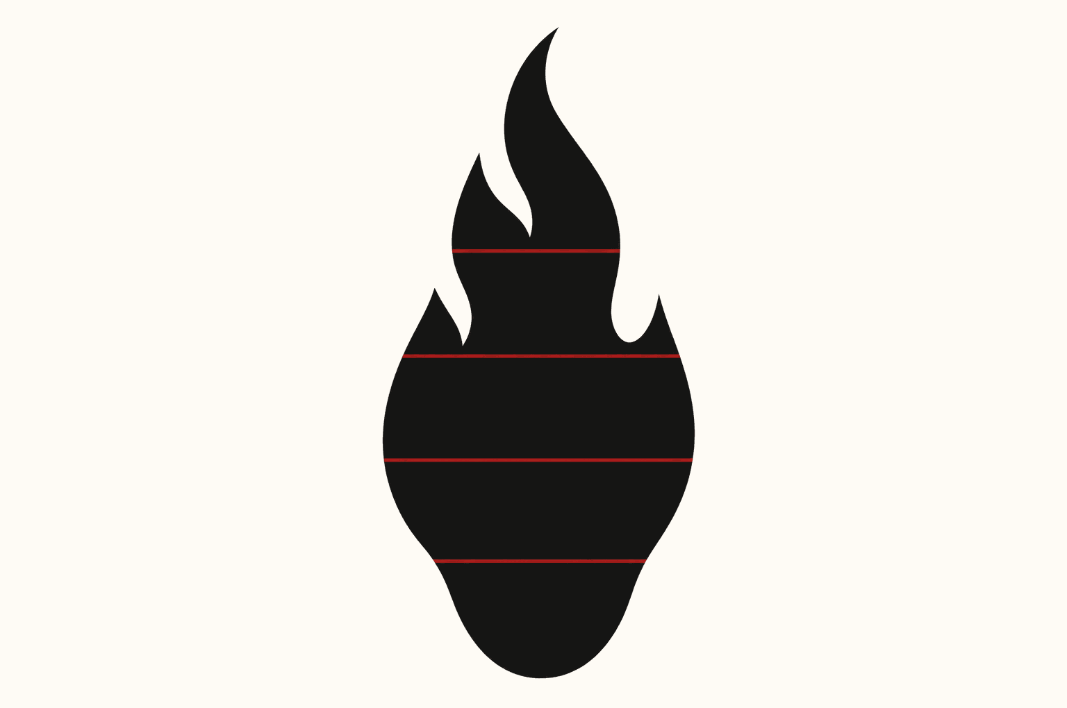 A flame silhouette sliced into horizontal strata, like a geological cross-section of accumulated layers.